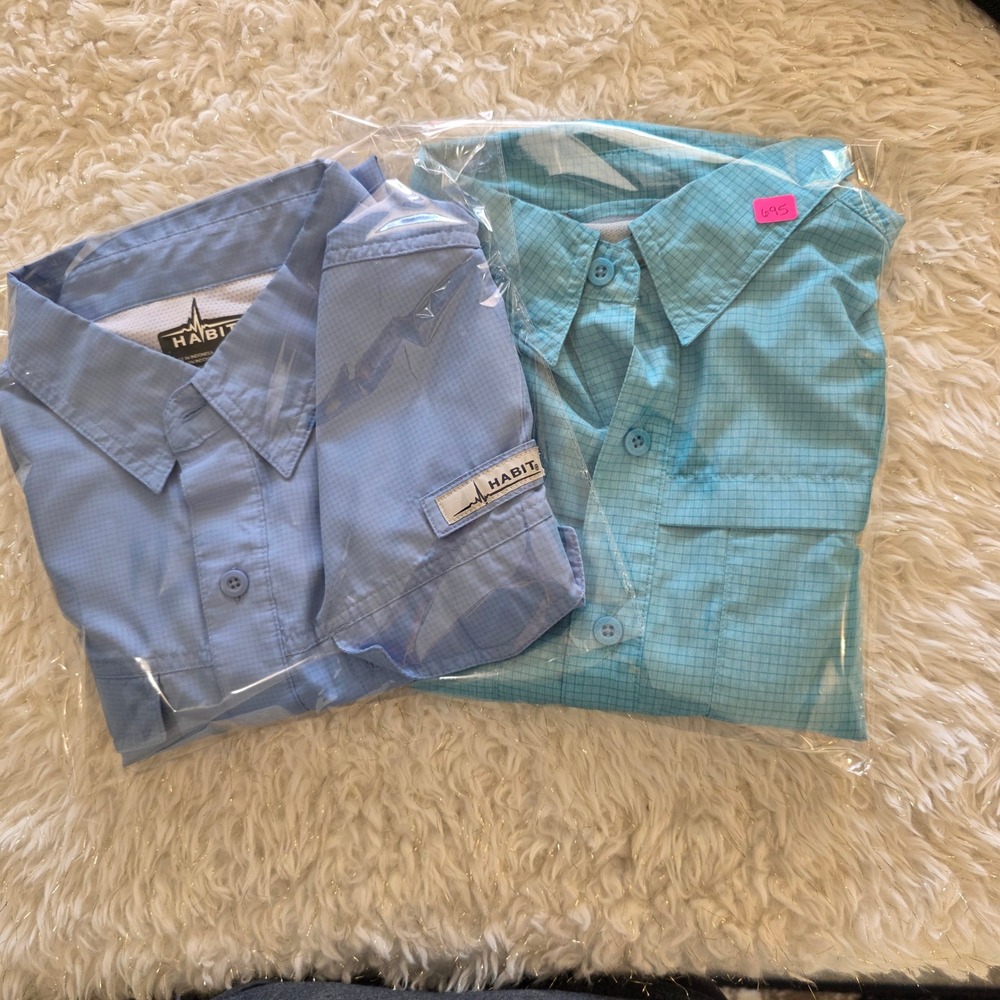 Habit Mens Fishing Shirt Bundle 2pc Blue Short Sleeve UPF 40+ Vented Large